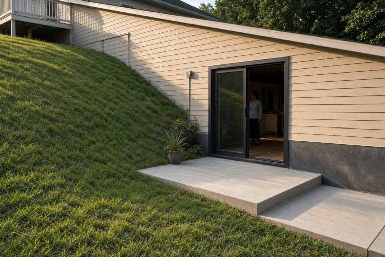 Finished walkout door and sloped yard beside a house — Concrete Basements in Valparaiso