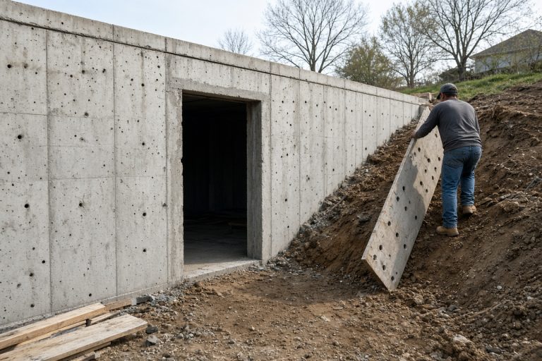 Forms stripped from a walkout door wall on a slope — Concrete Basements in Valparaiso