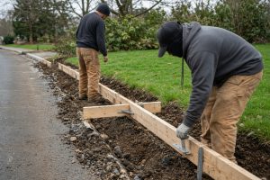 Crew forming a replacement curb along a street gutter — Concrete Curbs in Crown Point