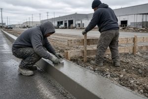 Crew pouring a new concrete curb along an industrial street - Concrete Curbs in East Chicago