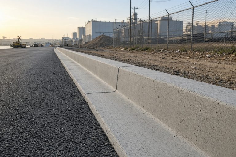 Finished concrete curb with a clean gutter beside an industrial road - Concrete Curbs in East Chicago