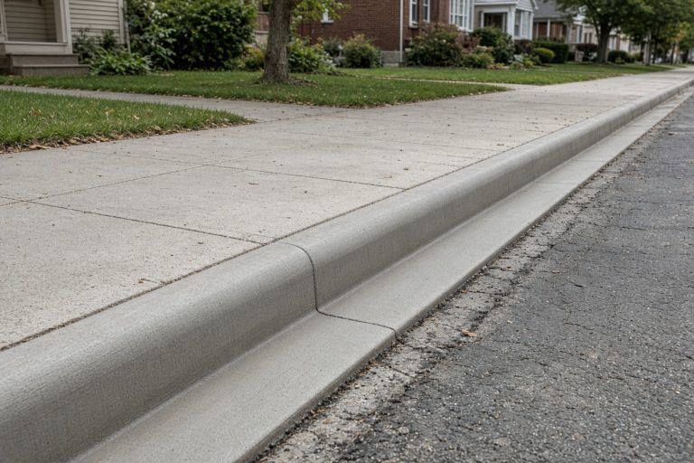 Straight new curb and gutter beside an older street — Concrete Curbs in Hammond