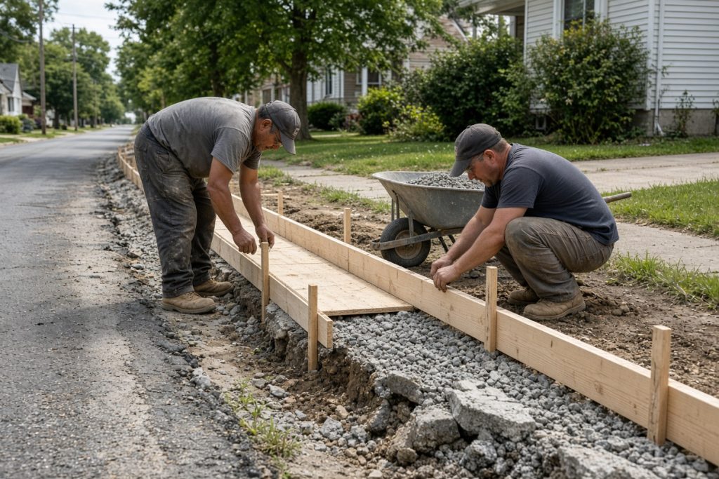 Crew setting wood forms on a torn-out curb — Concrete Curbs in Hammond