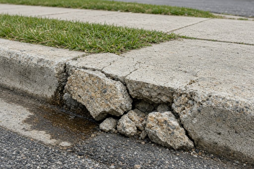 Crumbled curb face with a cracked gutter pan — Concrete Curbs in Highland