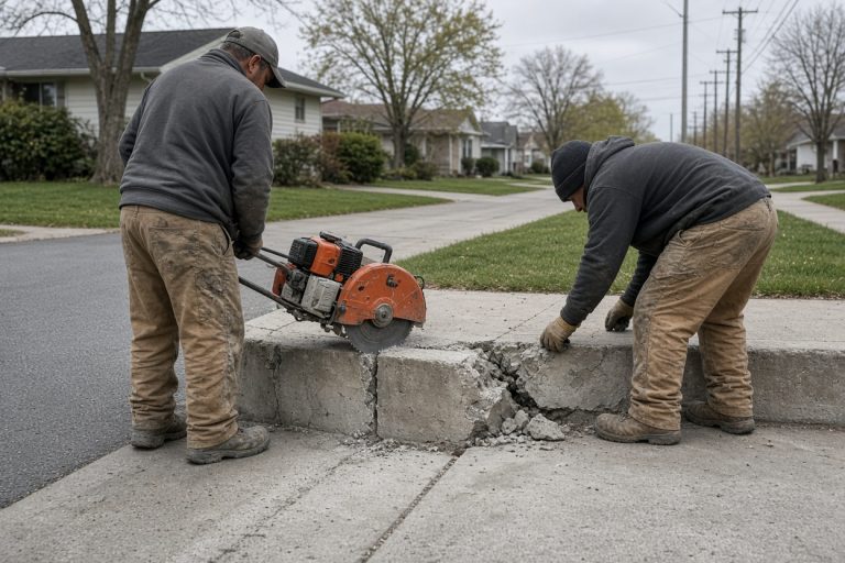 Crew sawing out a broken driveway curb — Concrete Curbs in La Porte