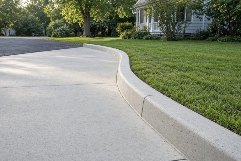 Finished concrete curb along a clean driveway apron - Concrete Curbs in South Haven