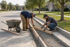 Crew setting forms on a saw-cut curb section — Concrete Curbs in St. John