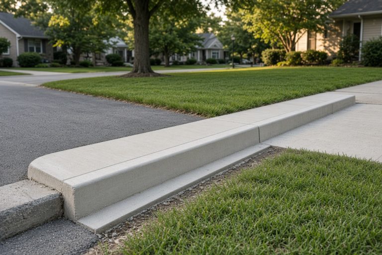 Straight new concrete curb beside a subdivision gutter — Concrete Curbs in St. John