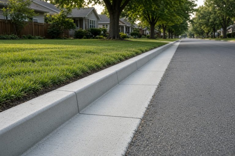 Straight new curb and gutter beside a residential street — Concrete Curbs in Valparaiso