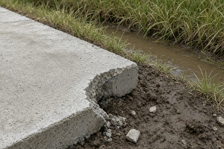 Chipped driveway edge beside a soft shoulder and open ditch - Concrete Curbs in Wheeler