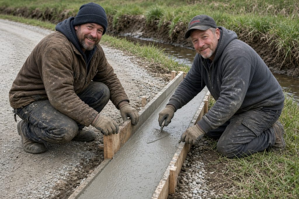 Workers pouring a curb along a drive edge by an open ditch - Concrete Curbs in Wheeler