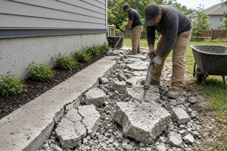 Crew breaking out a heaved walk beside a house — Concrete Demolition in Burns Harbor