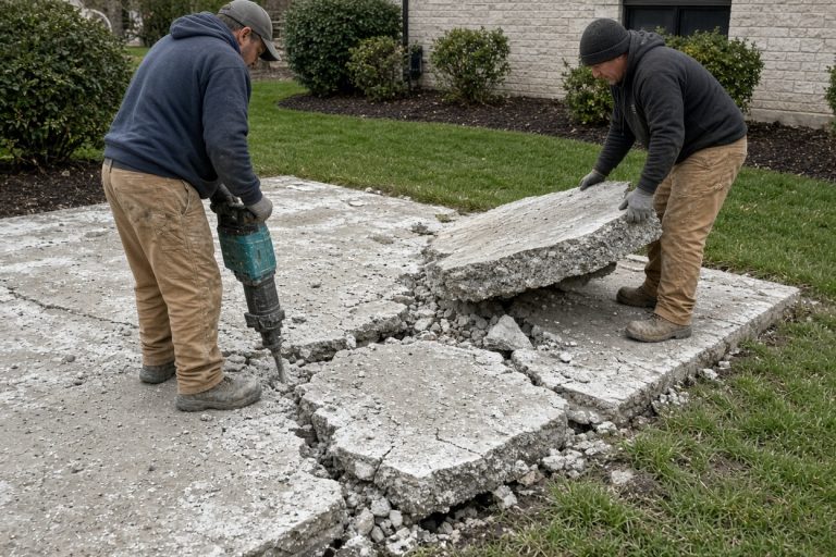 Crew jackhammering a heaved salt-scaled patio slab — Concrete Demolition in Chesterton