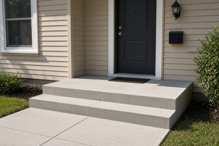 Finished concrete stoop and steps at a ranch front door — Concrete Demolition Compaines in Burns Harbor