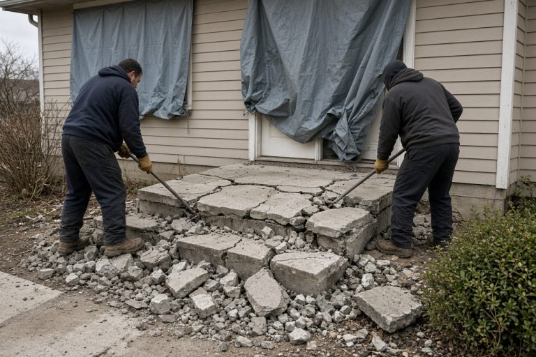 Crew breaking a failed ranch stoop into pieces — Concrete Demolition Compaines in Burns Harbor