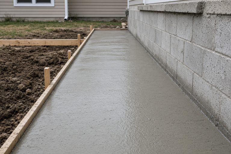 Fresh concrete walk curing beside a ranch foundation — Concrete Demolition Compaines in Burns Harbor