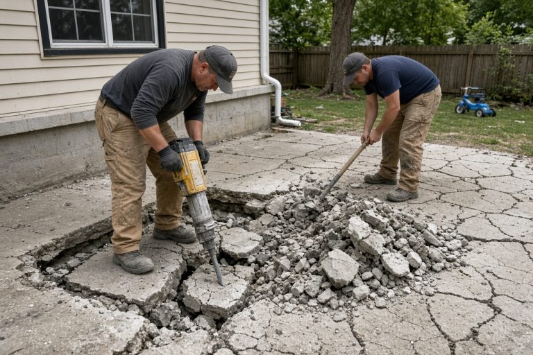 Workers breaking a cracked sunken patio with a jackhammer - Concrete Demolition Compaines in Chesterton