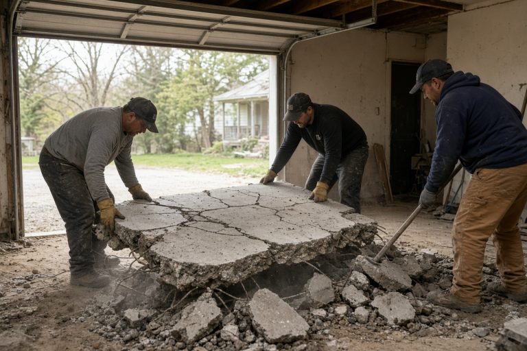 Broken garage slab being lifted out of a detached garage - Concrete Demolition Compaines in Valparaiso