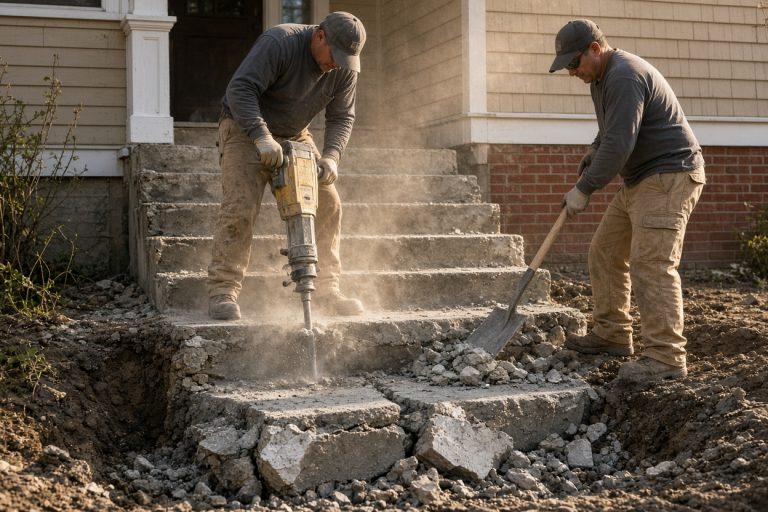 Crew breaking out cracked porch steps, Concrete Demolition Companies in Chesterton