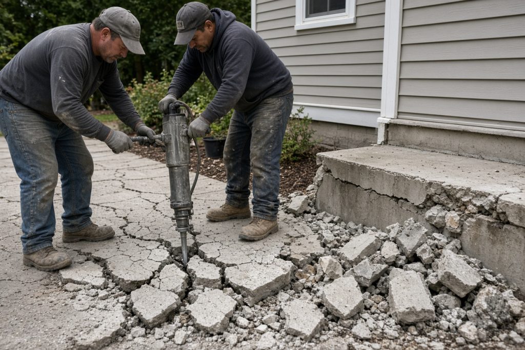 Workers breaking a cracked driveway with a jackhammer - Concrete Demolition Companies in Dyer
