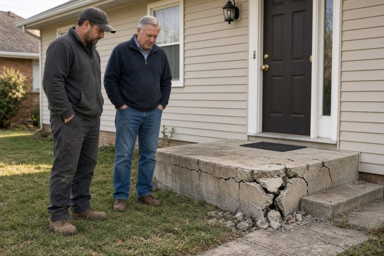Crew and homeowner at a cracked ranch stoop — Concrete Demolition Companies in Hobart