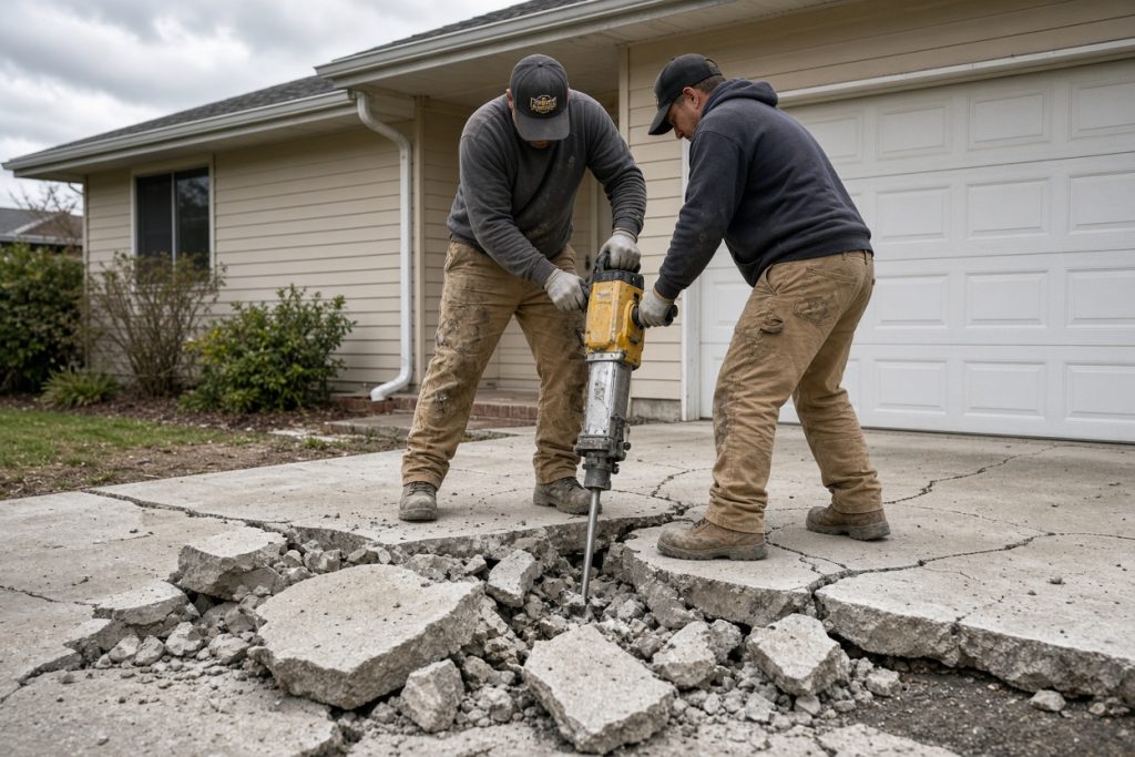 Crew breaking a thick ranch driveway slab — Concrete Demolition Companies in Hobart