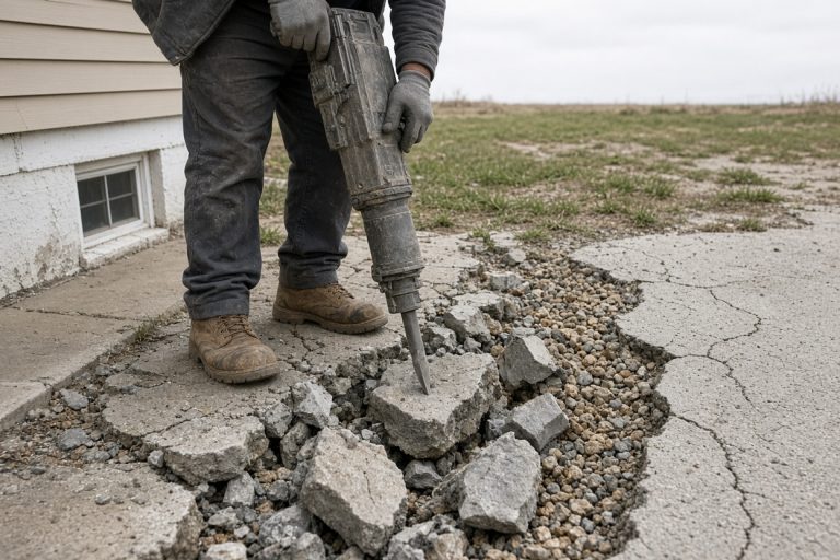 Crew member breaking a cracked driveway with a jackhammer — Concrete Demolition Companies in Lake Station
