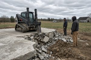 Crew breaking a thick barn slab on an acreage lot — Concrete Demolition Companies in Lowell