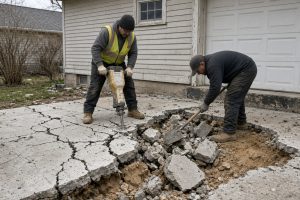 Crew breaking a cracked garage slab with a jackhammer — Concrete Demolition Companies in Michigan City