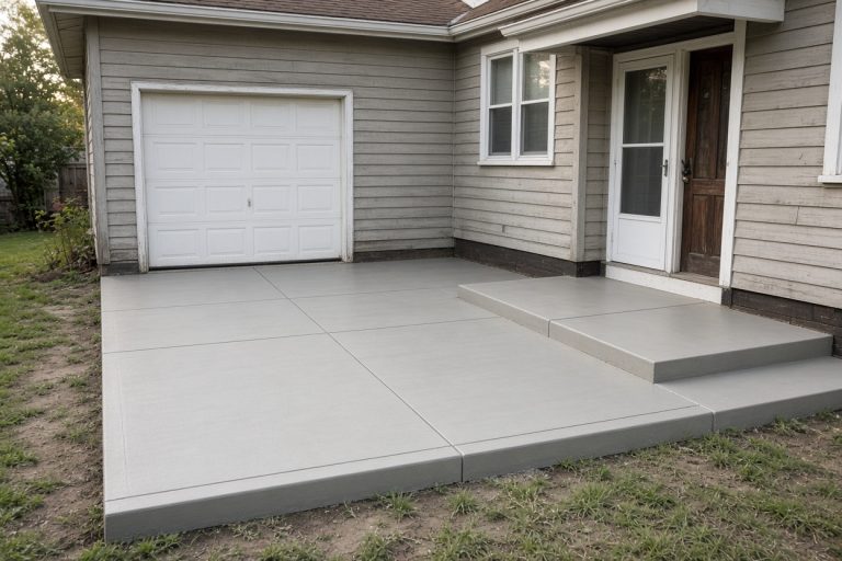New porch and garage slab finished against an older house — Concrete Demolition Companies in Michigan City