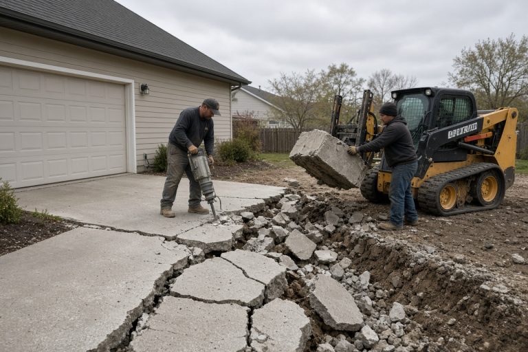 Crew breaking a heaved driveway into chunks - Concrete Demolition Companies in South Holland