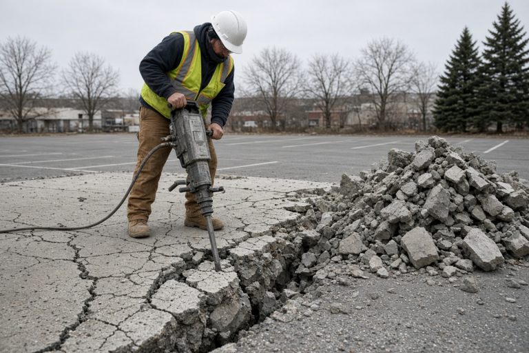 Crew breaking cracked parking concrete with a jackhammer — Concrete Demolition Companies in Valparaiso