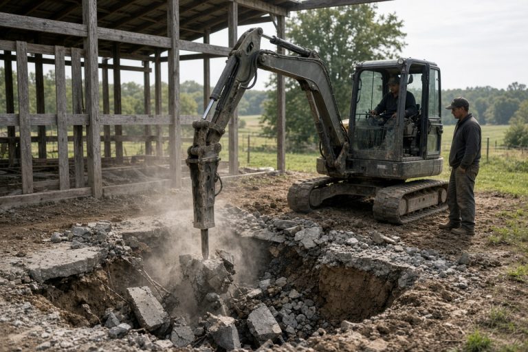 Crew breaking a barn floor slab with a machine on a farmstead — Concrete Demolition Companies in Wheeler