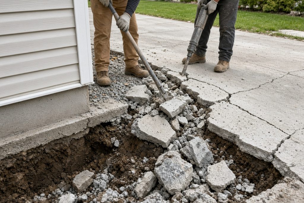 Crew breaking a driveway slab a few feet from house siding — Concrete Demolition in Hebron