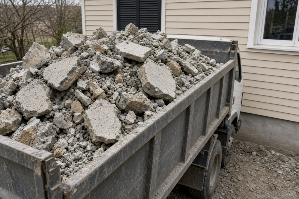 Broken concrete loaded in a truck beside a house — Concrete Demolition in Hebron