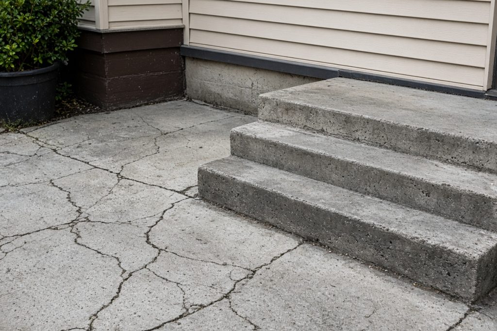 Cracked walk butted against a front stoop and siding — Concrete Demolition in Hebron