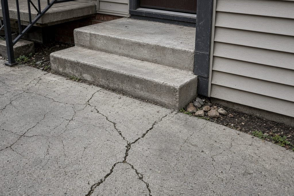 Cracked walk butted against a front stoop and siding — Concrete Demolition in Hebron