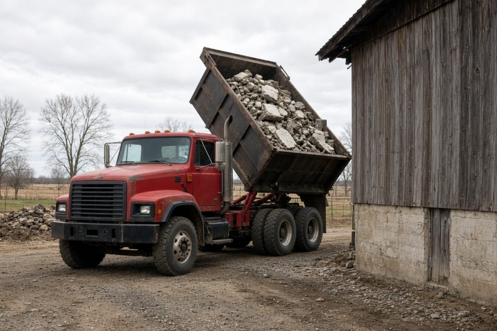 Dump truck loaded with broken barn concrete beside a farm building — Concrete Demolition in Kouts