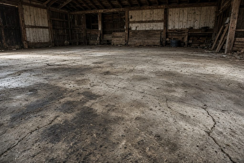 Cracked oil-stained concrete barn floor inside an old farm building — Concrete Demolition in Kouts