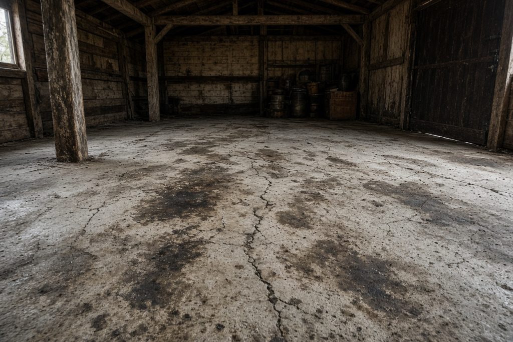 Cracked oil-stained concrete barn floor inside an old farm building — Concrete Demolition in Kouts