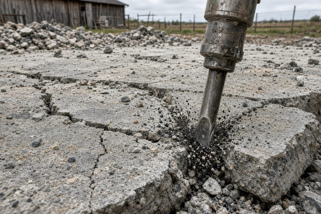 Jackhammer breaking a thick barn slab into haulable pieces — Concrete Demolition in Kouts