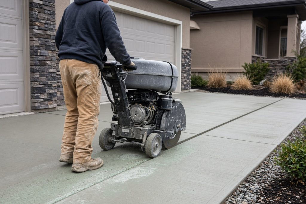 Crew guiding a walk-behind saw along a driveway beside a garage — Concrete Demolition in Portage