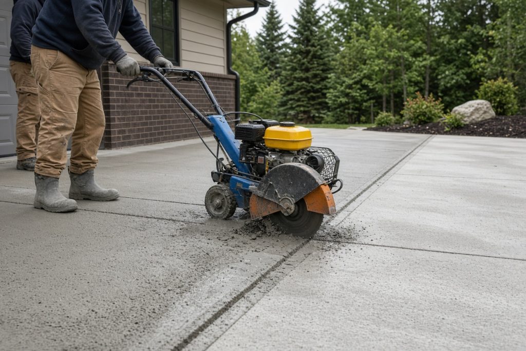 Crew guiding a walk-behind saw along a driveway beside a garage — Concrete Demolition in Portage