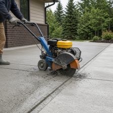 Crew guiding a walk-behind saw along a driveway beside a garage — Concrete Demolition in Portage