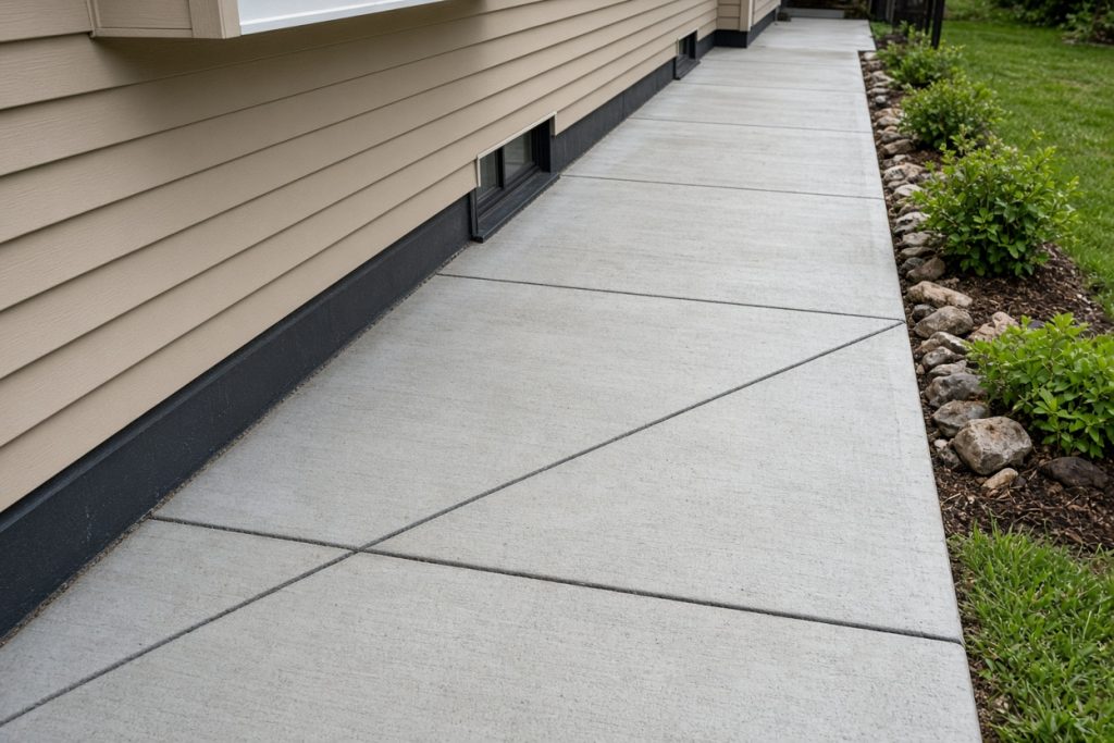 Saw-cut driveway in panels beside a house wall — Concrete Demolition in Portage