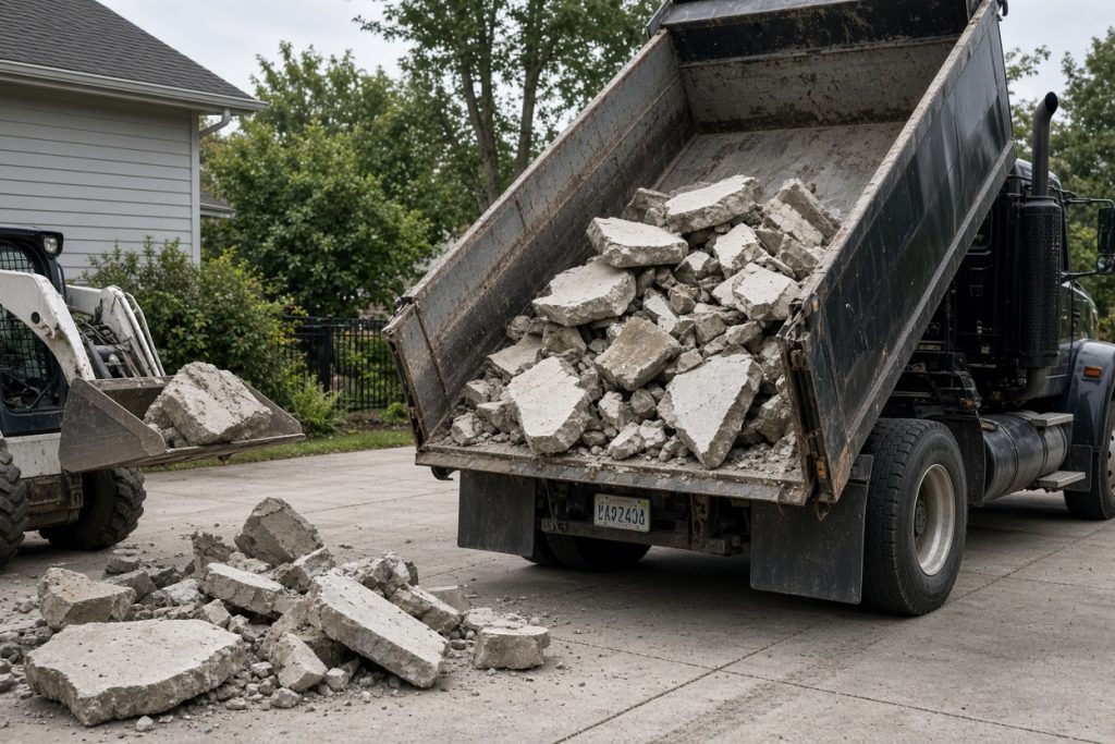 Broken concrete pieces loaded from a driveway into a truck — Concrete Demolition in Portage