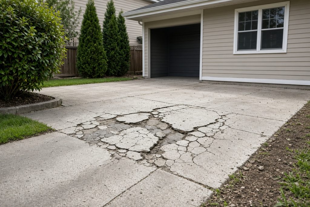Cracked mid-century garage slab with scaling surface near a house — Concrete Demolition in Porter