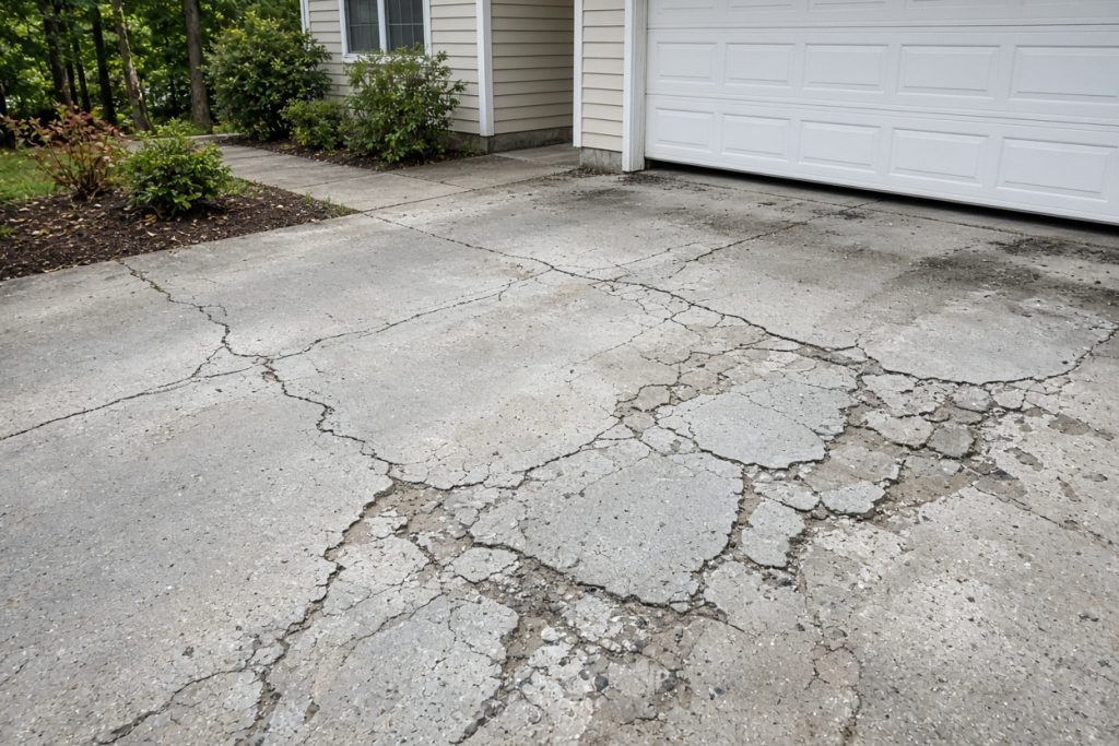 Cracked mid-century garage slab with scaling surface near a house — Concrete Demolition in Porter