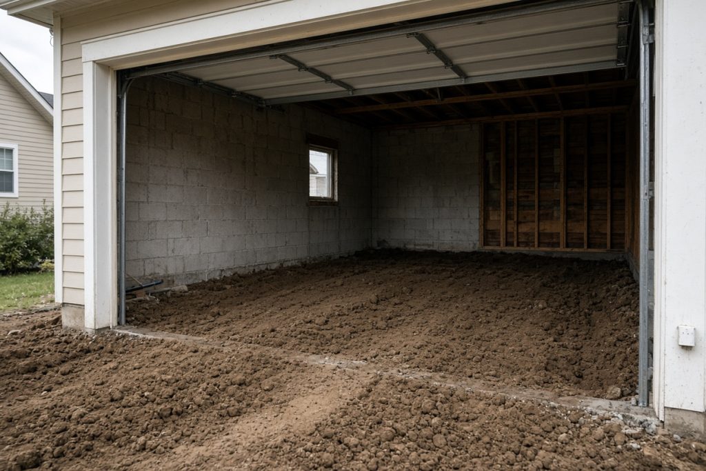 Open garage bay with old slab gone and soil graded for a new pour — Concrete Demolition in Porter