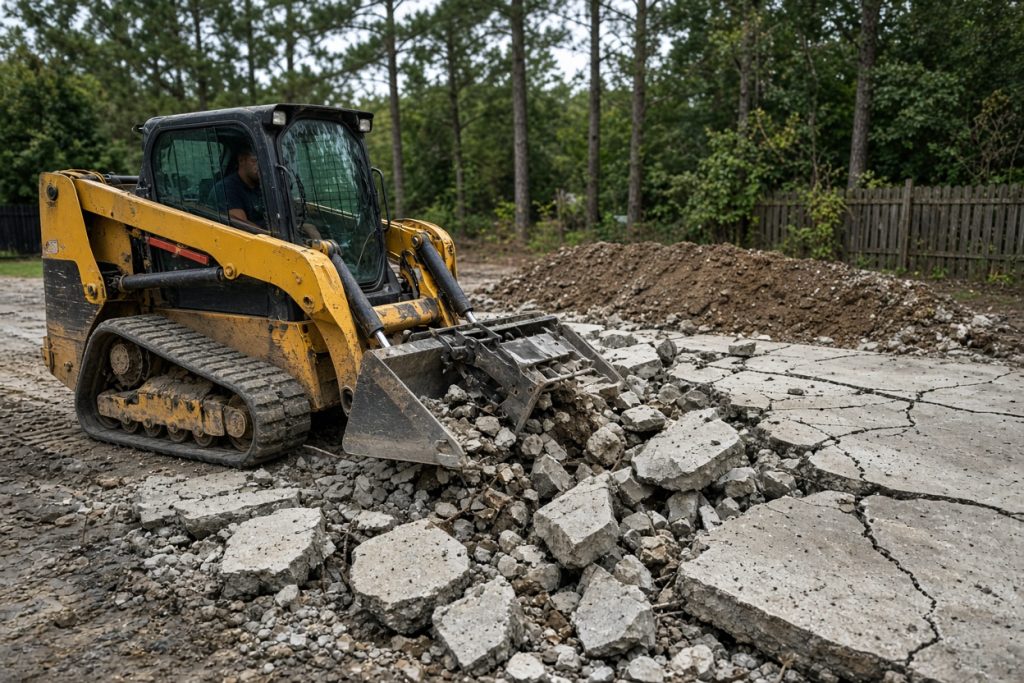 Skid steer breaking an old garage pad into chunks for haul-off — Concrete Demolition in Porter